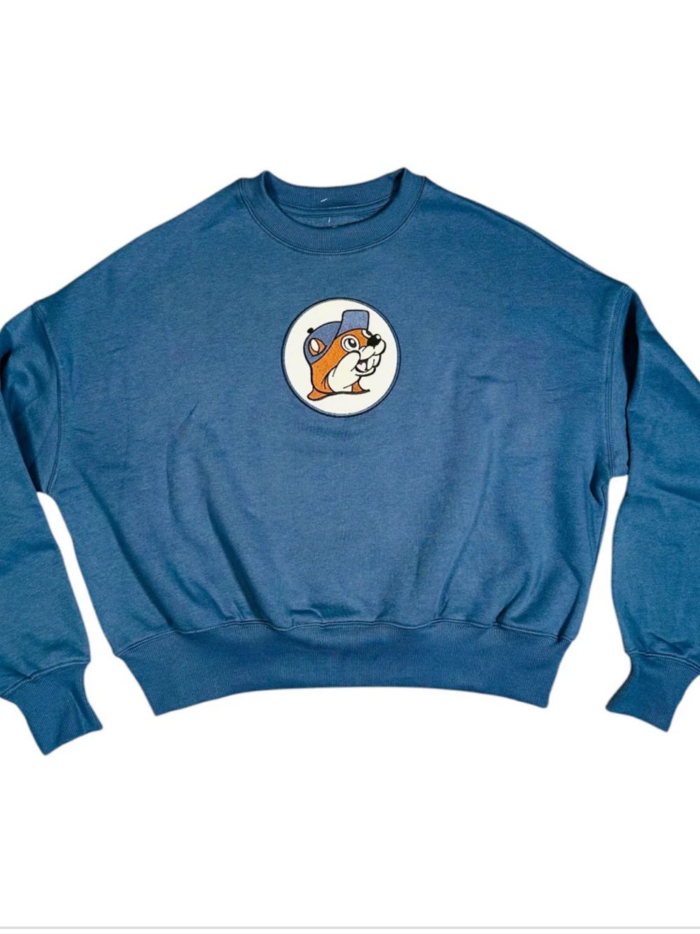 Teal Buc-Ees cropped Sweatshirt with soft beaver patch Design small